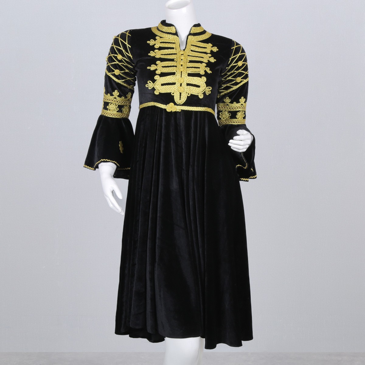 Black Cherma Embroidered Short Frock | Velvet Bell Sleeves Pleated Frock 1