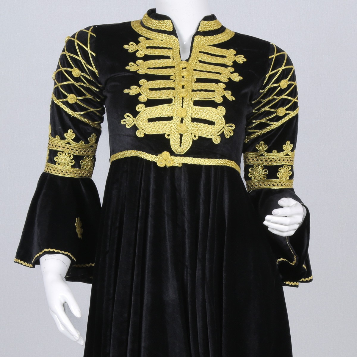 Black Cherma Embroidered Short Frock | Velvet Bell Sleeves Pleated Frock 2
