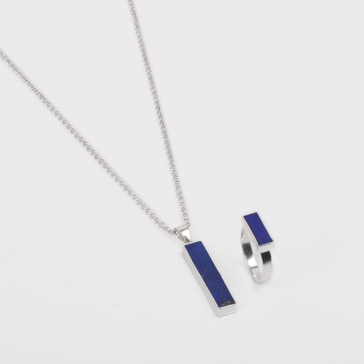 Flat Rectangle Pendant & Ring Silver Set 2