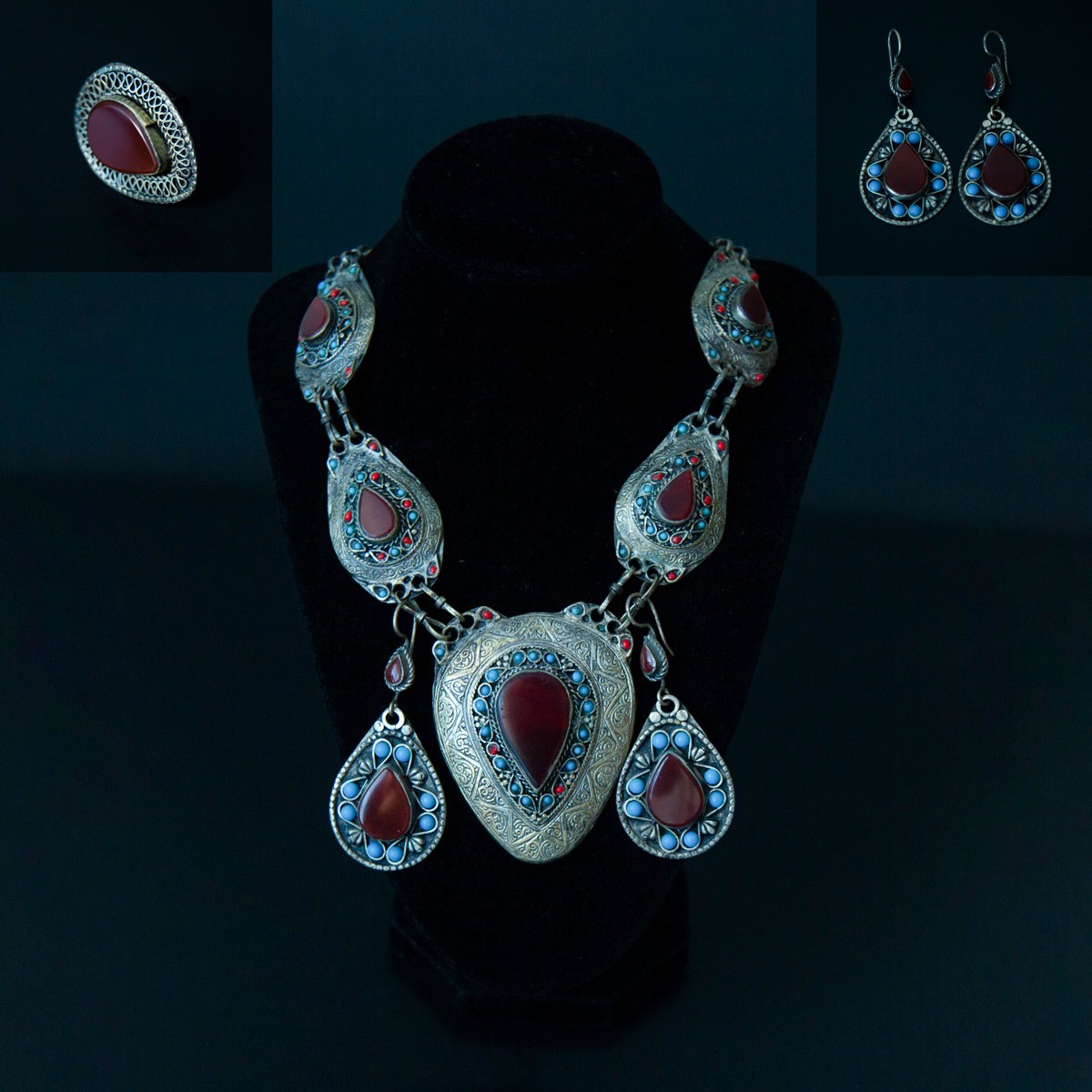 Black Carnelian Ancient Style Jewelry Set | Silver Marquise Necklace, Earrings & Ring 1