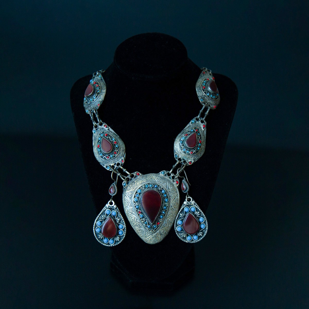 Black Carnelian Ancient Style Jewelry Set | Silver Marquise Necklace, Earrings & Ring 2