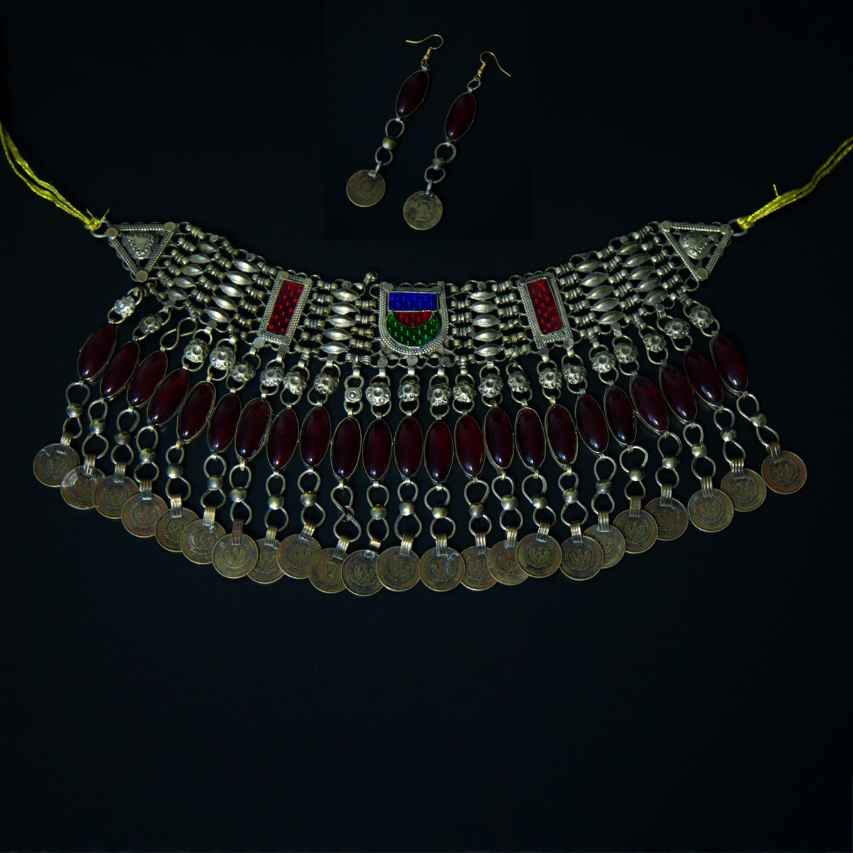 Antique Chamkai Design Jewelry Set| Silver Afghan Tribal Necklace & Earrings 1