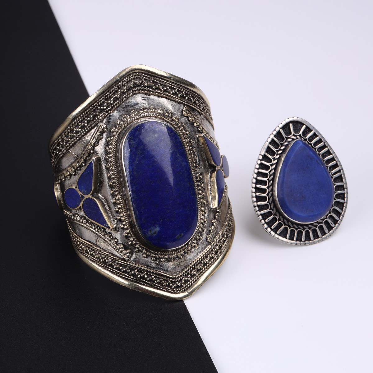 Lapis Lazuli Antique Afghan Bracelet & Ring Set | Silver Open Cuff Bracelet & Pear Ring 1