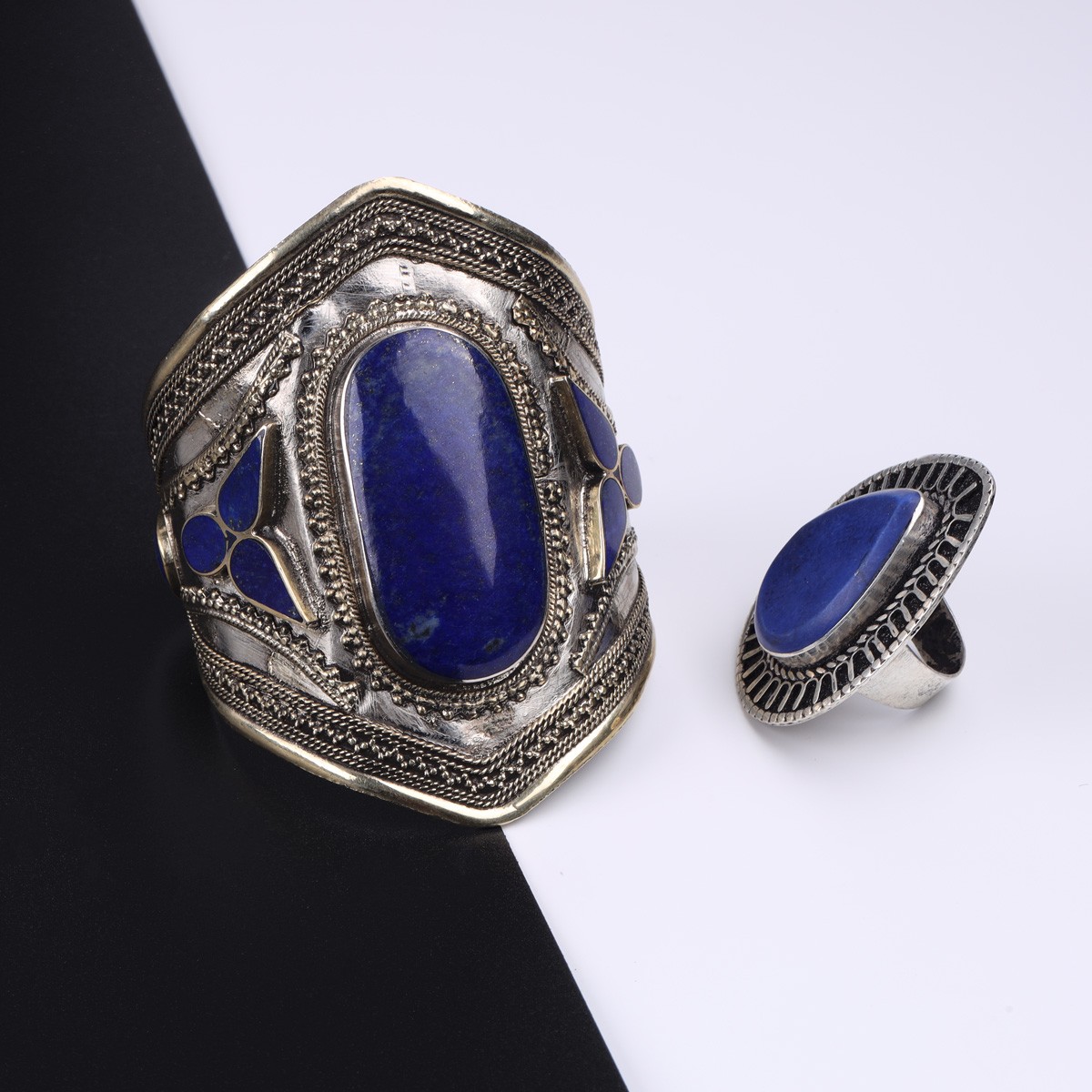 Lapis Lazuli Antique Afghan Bracelet & Ring Set | Silver Open Cuff Bracelet & Pear Ring 2