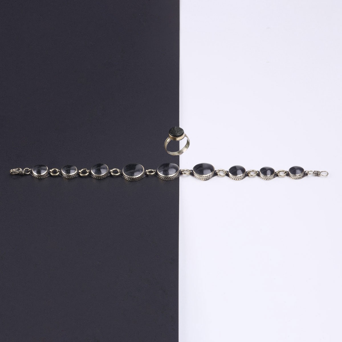 Black Agate Stone Beaded Bracelet & Ring Set | Bronze Birthstone Chain Bracelet & Ring 2