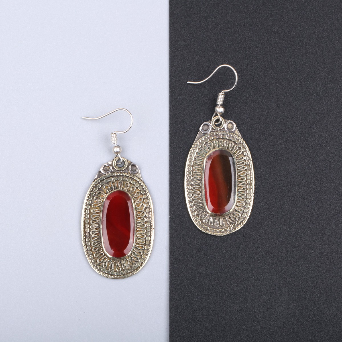 Red Agate Dangle Earrings | Gilt Afghan Fashion Earrings 1