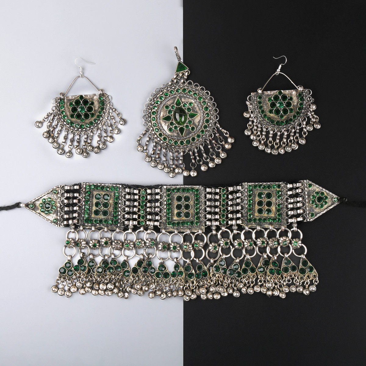 Dark Bezel Vintage Bridal Jewelry Set | Afghani Choker Necklace, Hook Earrings & Headpiece 1
