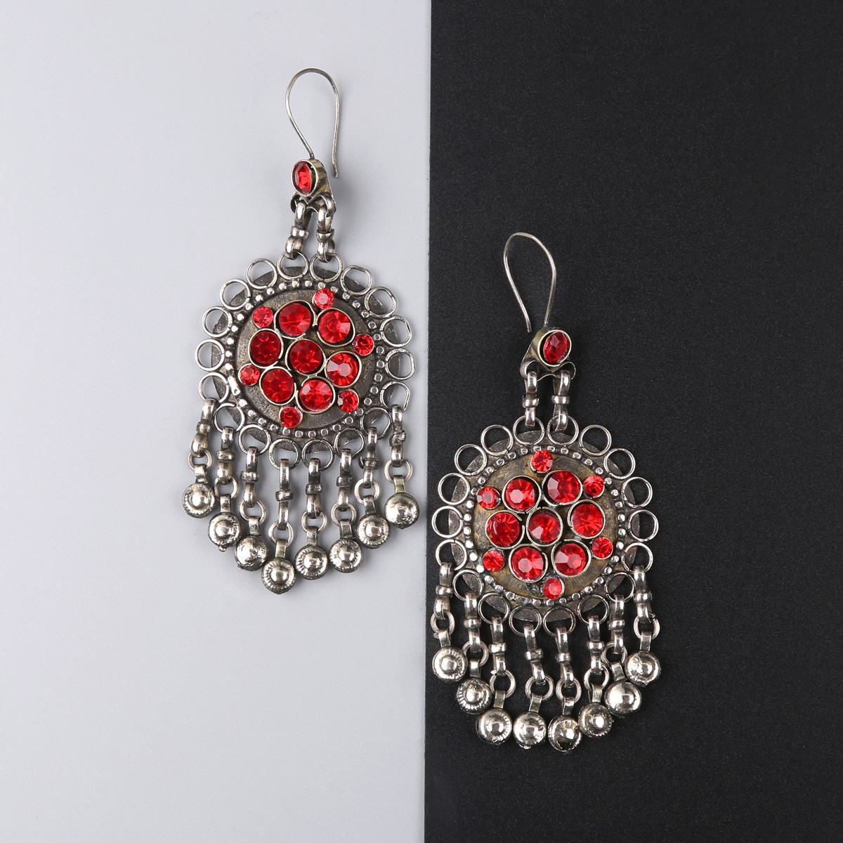 Red Vintage Afghani Jewelry Set | Tribal Choker Necklace, Hook Earrings & Headpiece 3