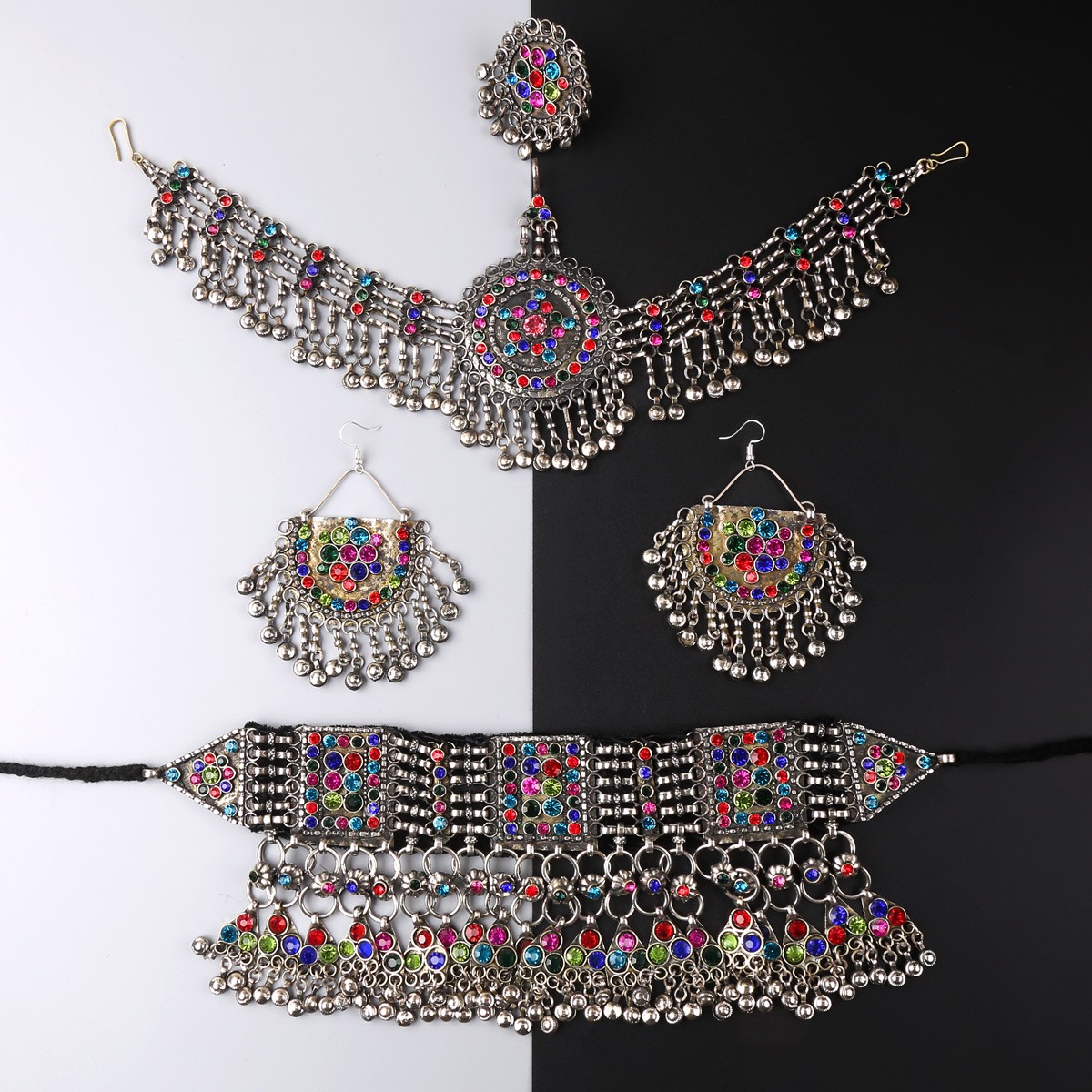 Vintage Afghani Jewelry Set | Choker Necklace, Hook Earrings & Headpiece 1