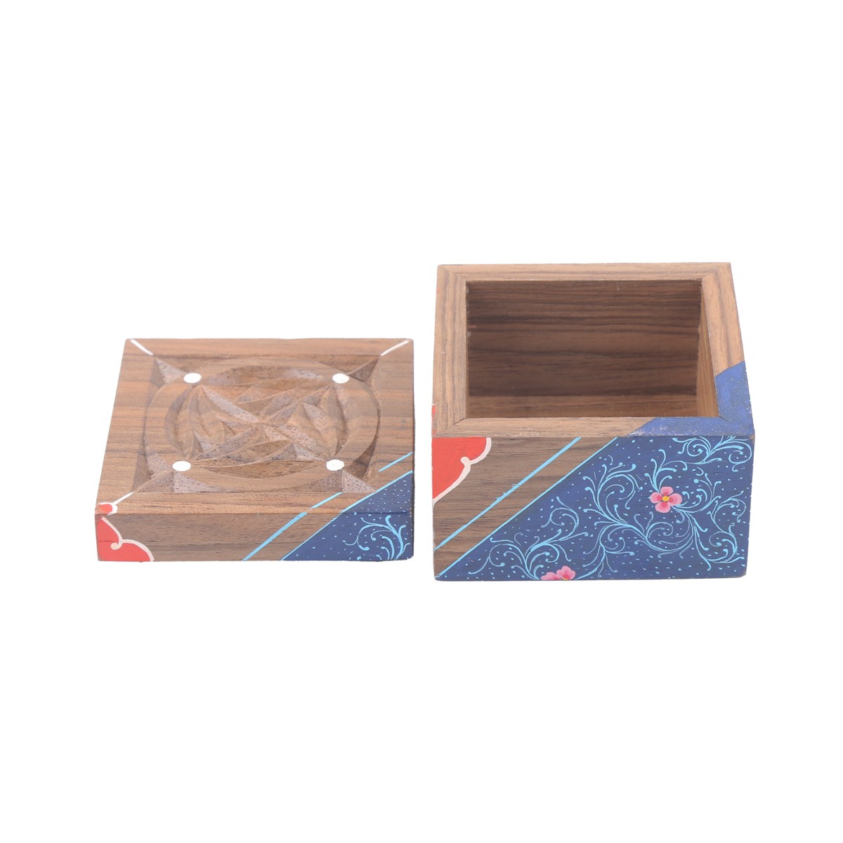 Walnut Mini Nuristani Ring Box | Square Mini Hand-Painted Jewel Box 2