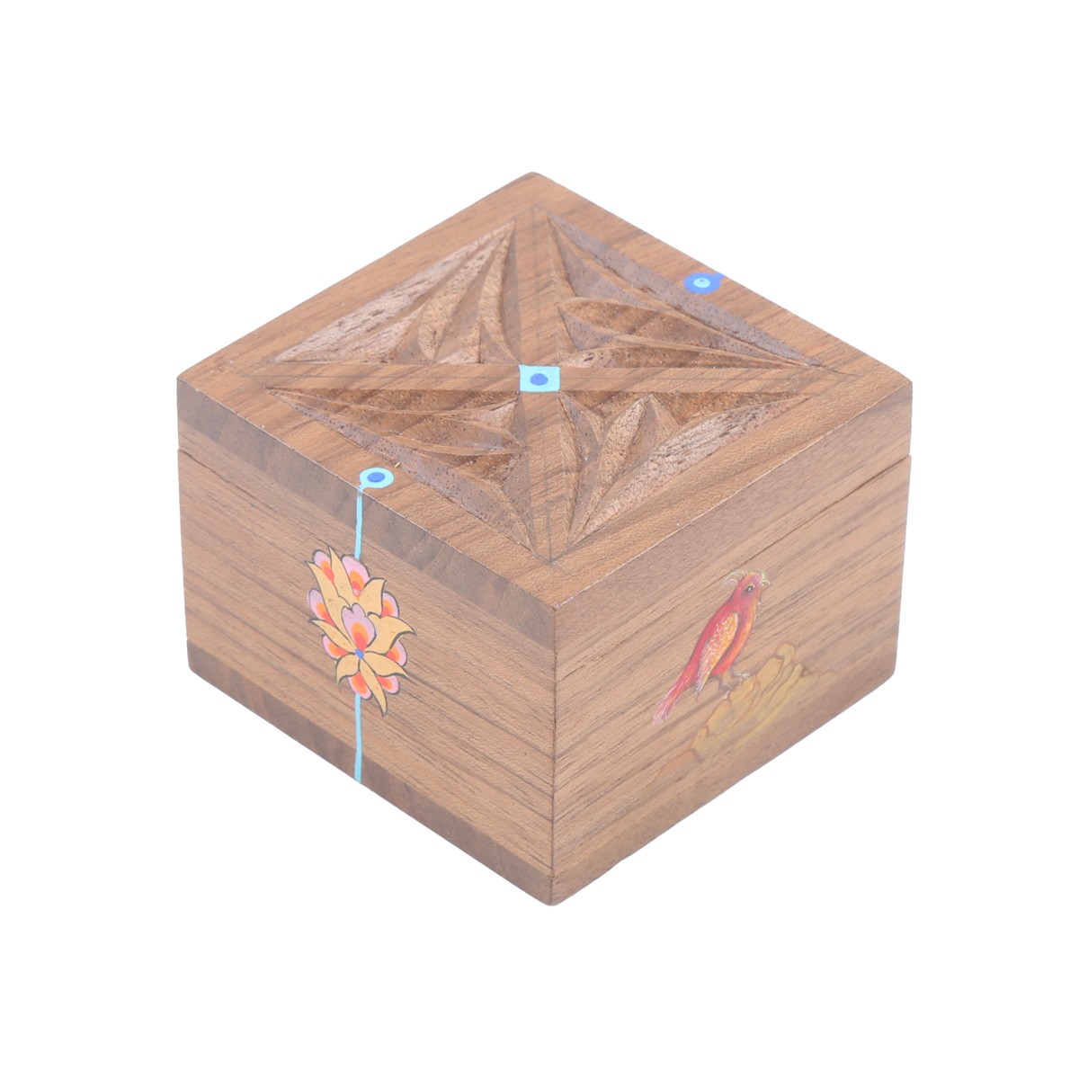 Walnut Mini Square Ring Box | Flower & Bird Painted Jewel Box 2