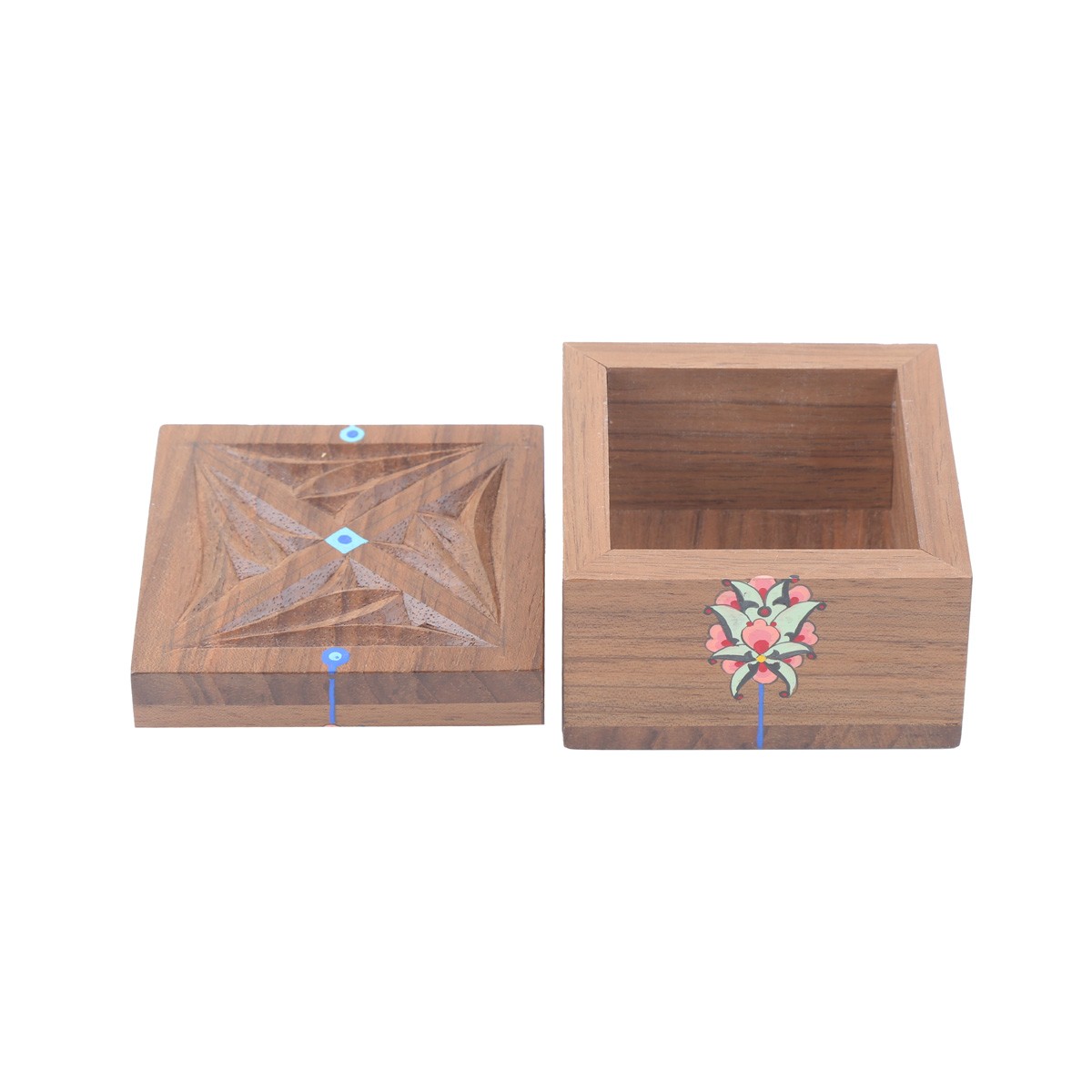 Walnut Mini Square Ring Box | Flower & Bird Painted Jewel Box 3