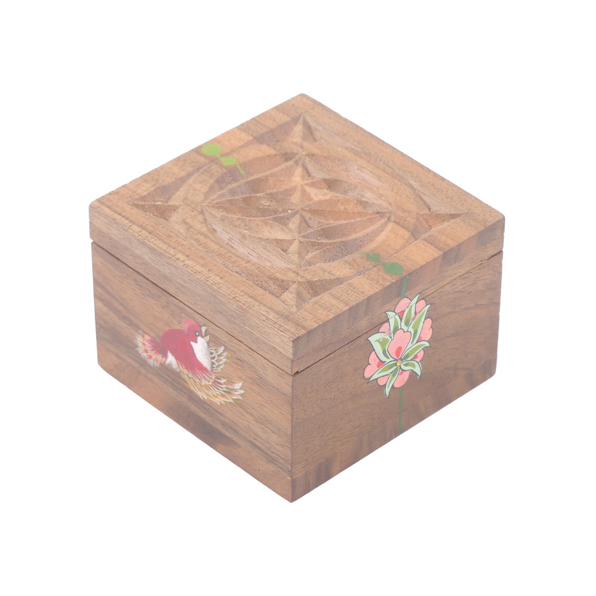 Walnut Mini Square Jewel Box | Bird & Flower Painted Ring Box 1