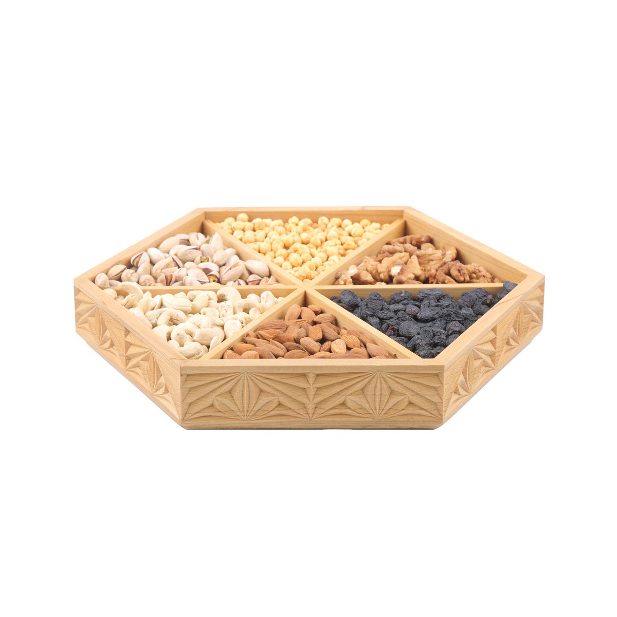 Archa Wooden Engraved Dry Fruit Plate | Hexagonal Traditional Candy Plate 1