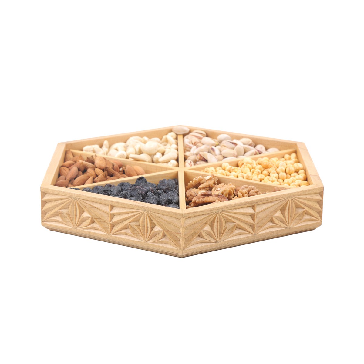 Archa Wooden Engraved Dry Fruit Plate | Hexagonal Traditional Candy Plate 2