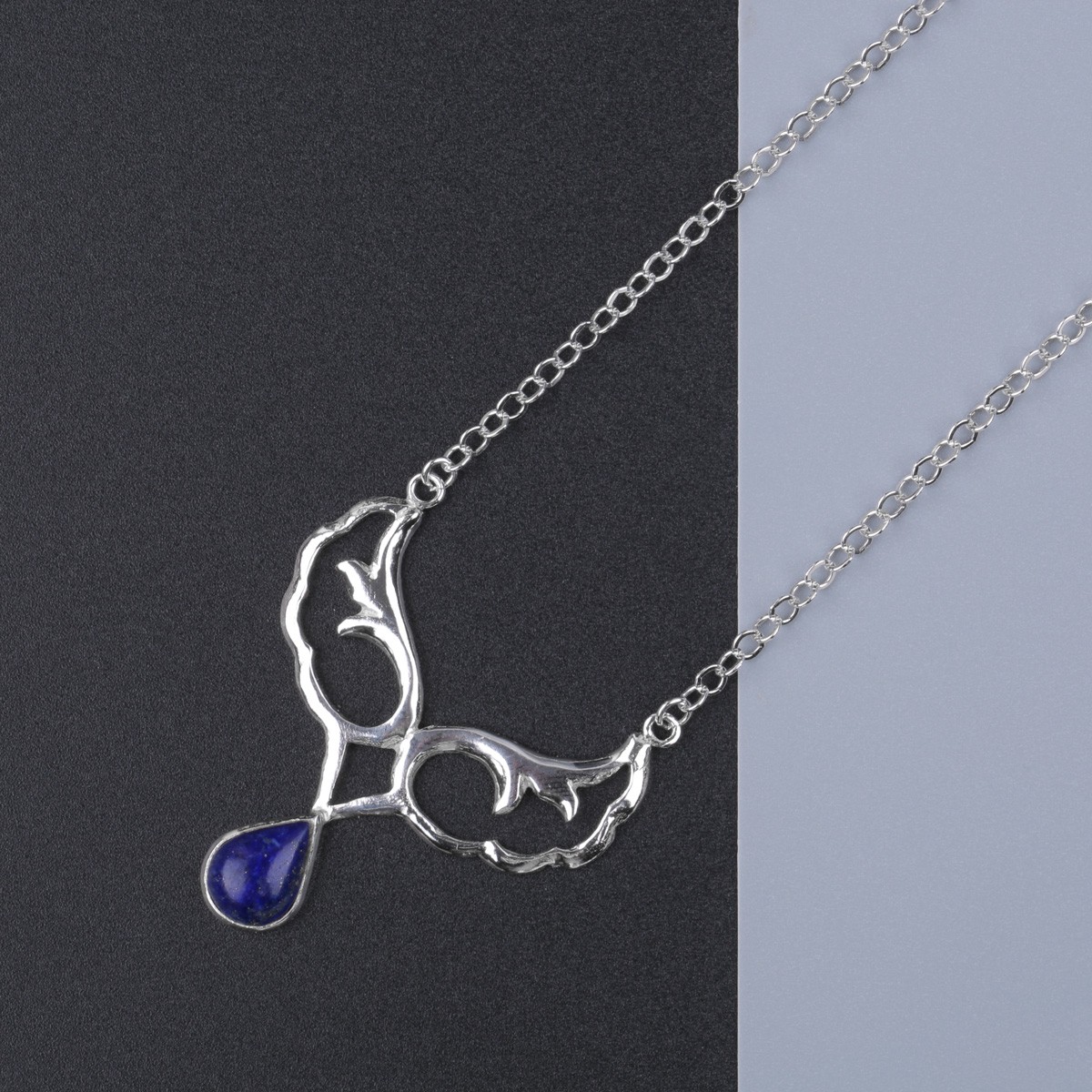 Silver Petal Pendant | Lapis Drop Necklace 1