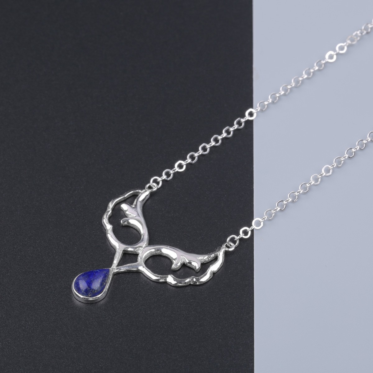 Silver Petal Pendant | Lapis Drop Necklace 2