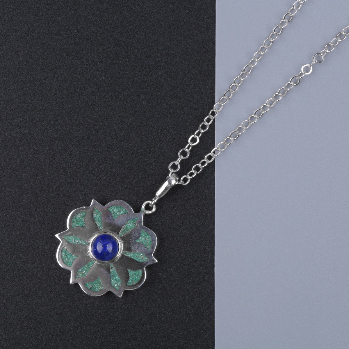 Six Petal Silver Necklace | Lapis Lazuli Drop Pendant 1