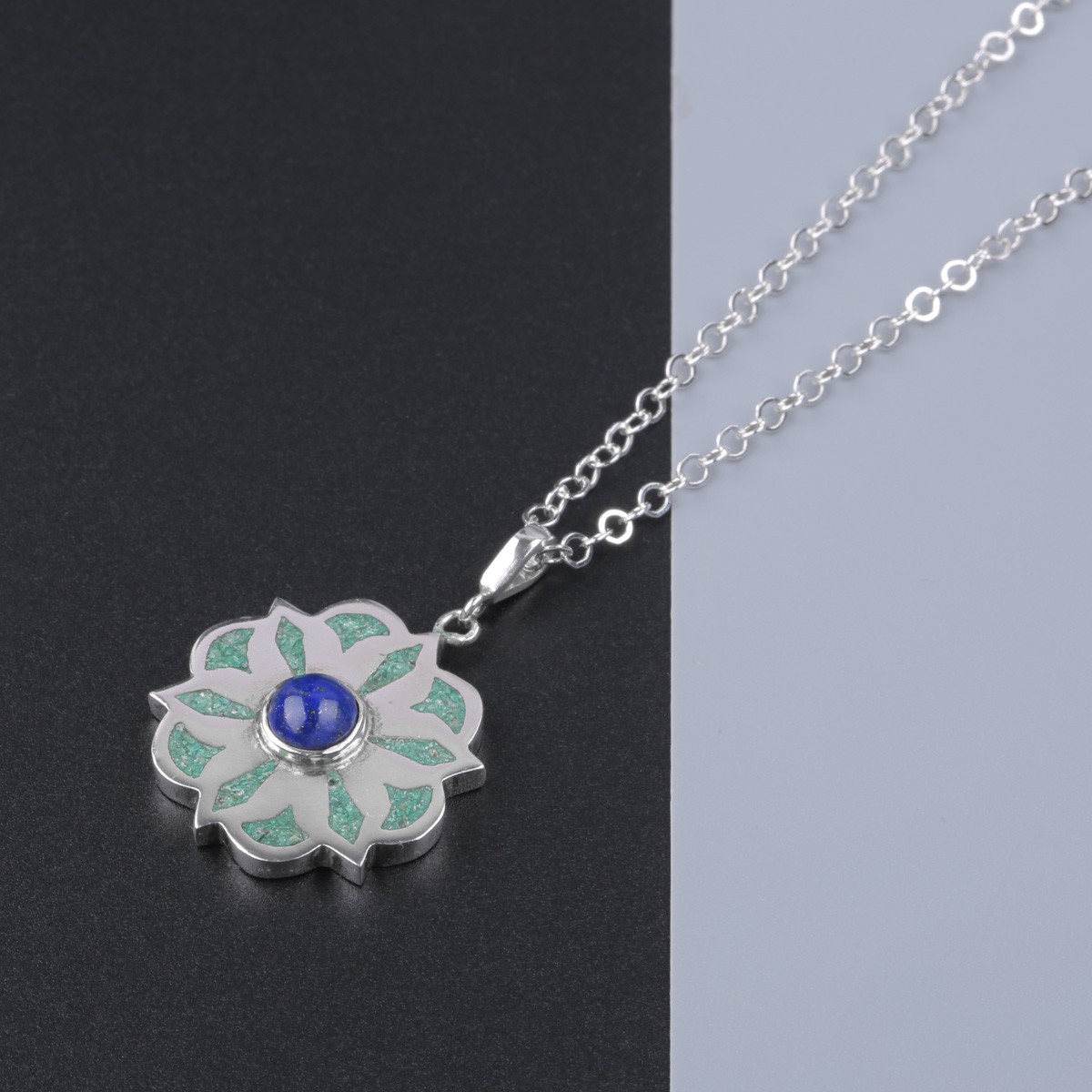 Six Petal Silver Necklace | Lapis Lazuli Drop Pendant 2
