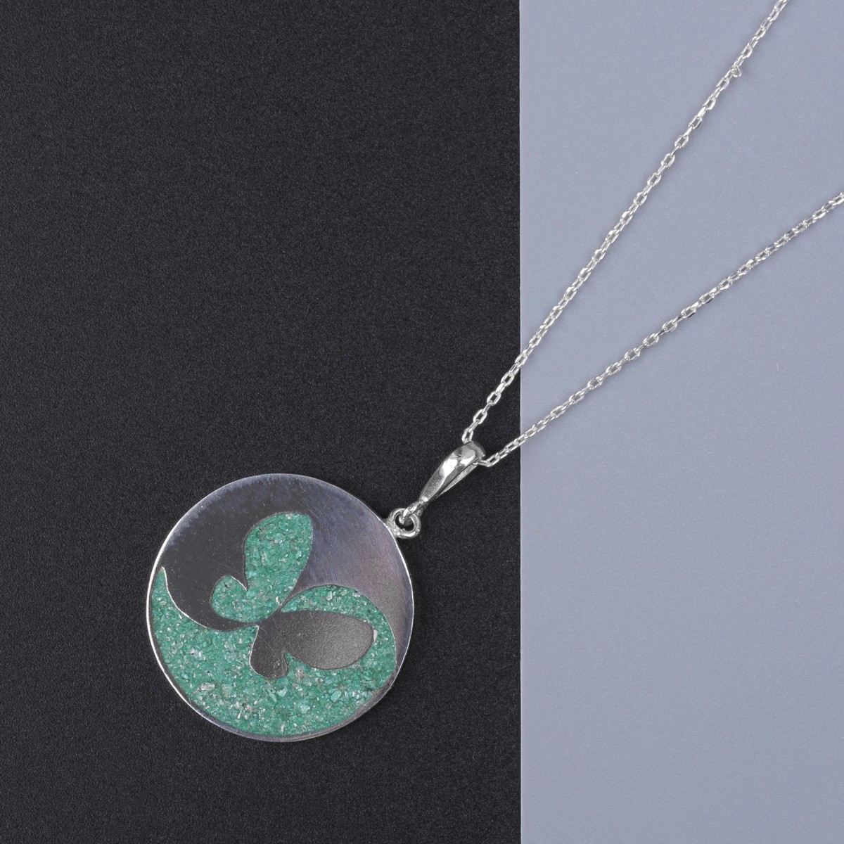 Chrysocolla Necklace | Butterfly Patterned Silver Pendant 1