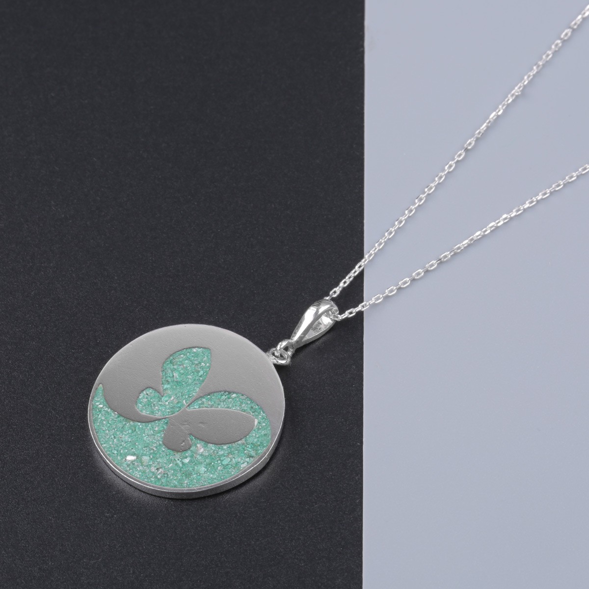 Chrysocolla Necklace | Butterfly Patterned Silver Pendant 2