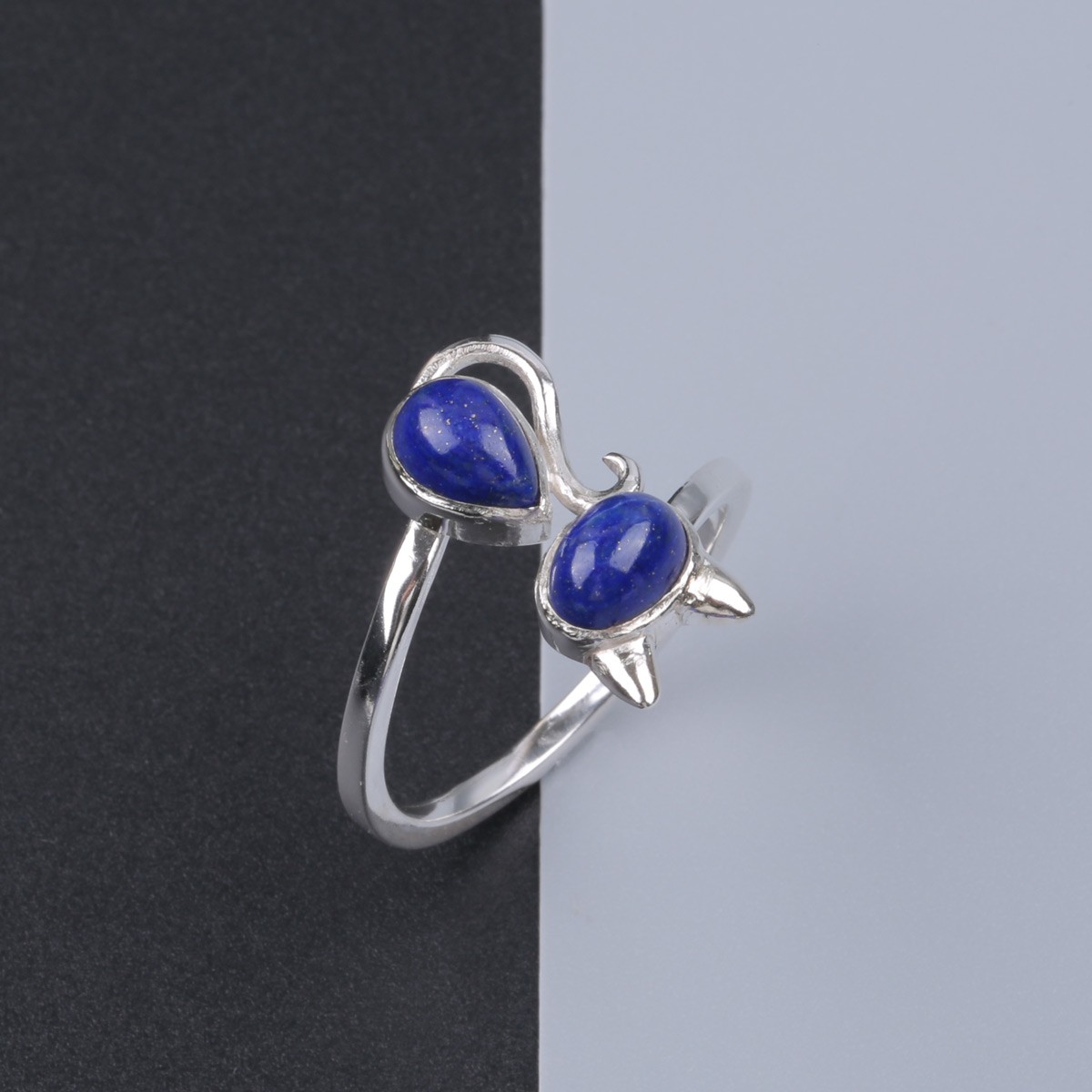 Cat Design Lapis Ring | Silver Bypass Ring 2