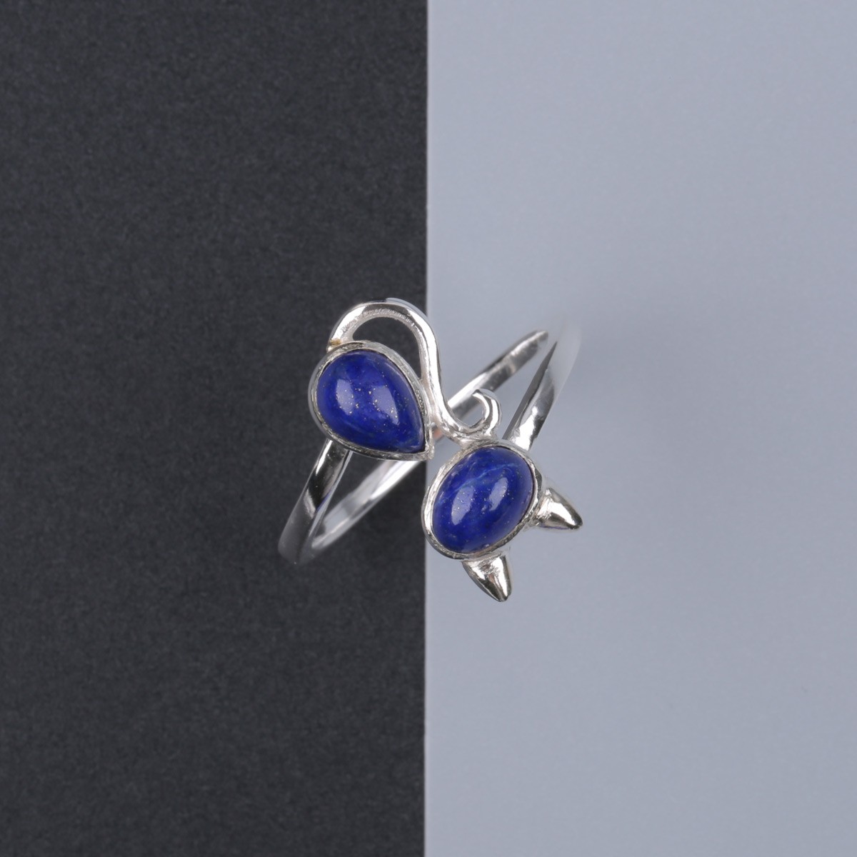Cat Design Lapis Ring | Silver Bypass Ring 3
