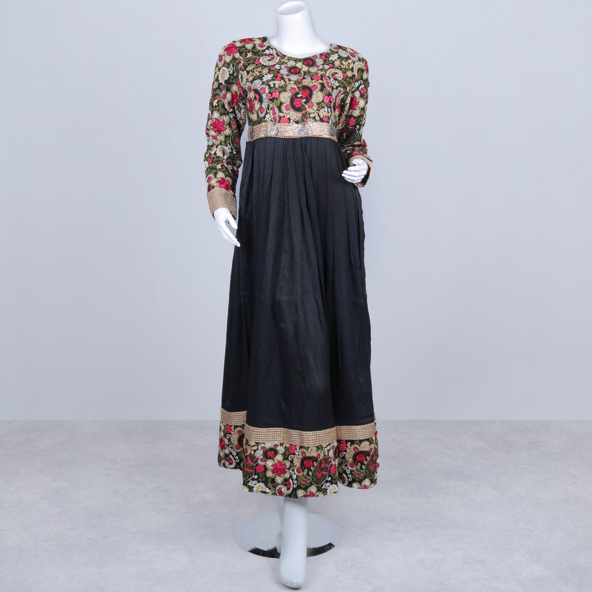 Black Floral Stitched Sunray Pleated Maxi | Georgette Coin Belted Frock 1