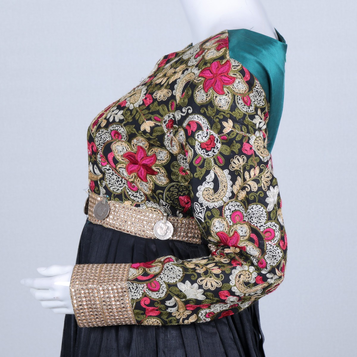 Black Floral Stitched Sunray Pleated Maxi | Georgette Coin Belted Frock 3