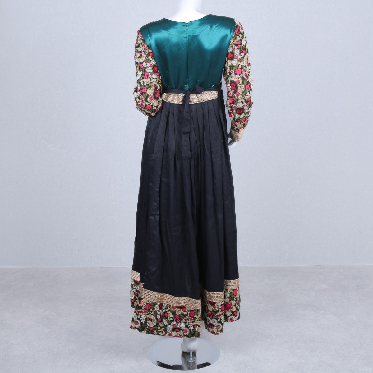 Black Floral Stitched Sunray Pleated Maxi | Georgette Coin Belted Frock 4