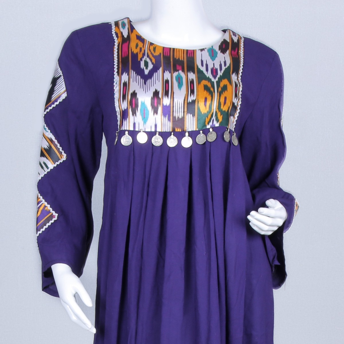 Purple Cross-Stitched Cotton Long Dress | Coin Belted Casual Wear Dress 2