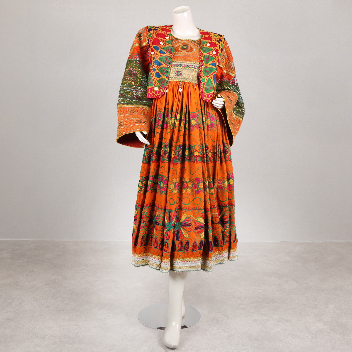 Balloon Sleeve Pleated Afghan Dress | Orange Floral Embroidered Frock 1