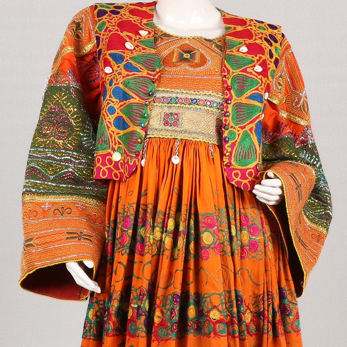 Balloon Sleeve Pleated Afghan Dress | Orange Floral Embroidered Frock 2