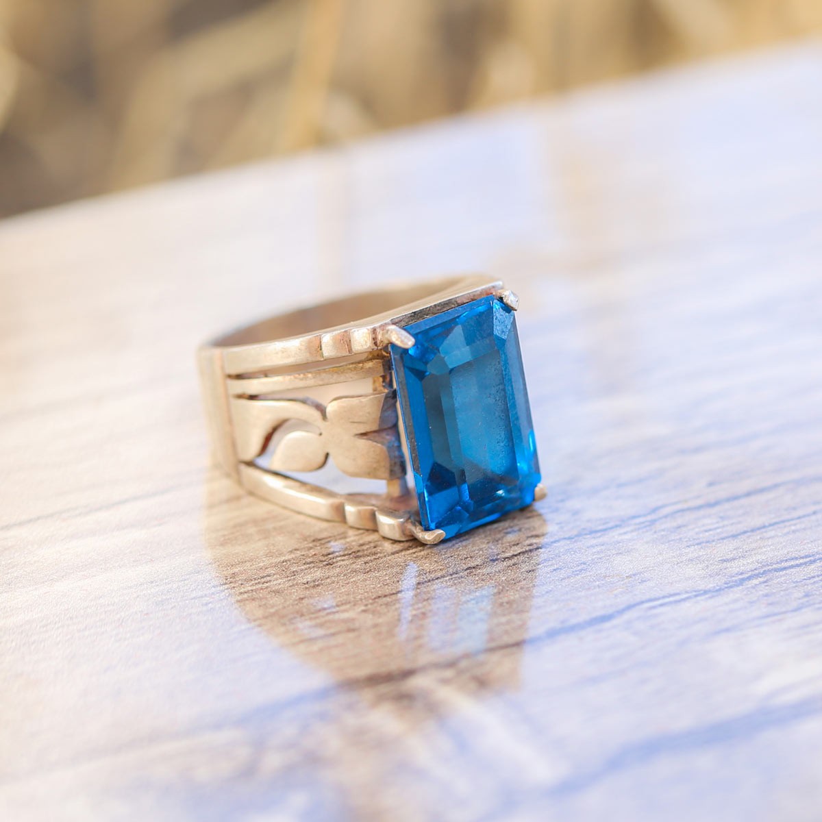 Blue Floral Engraved Ring | Silver Square Ring 1