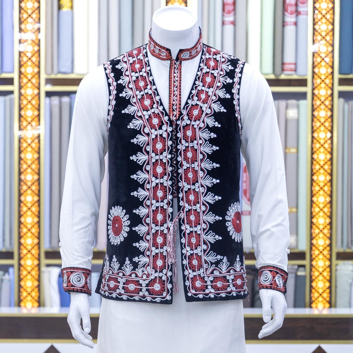 Black Afghani Men's Waistcoat with White Outfit 1