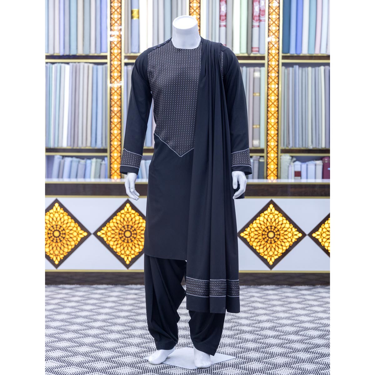 Traditional Men's Attire with Shawl, Black Color Men's clothes 2