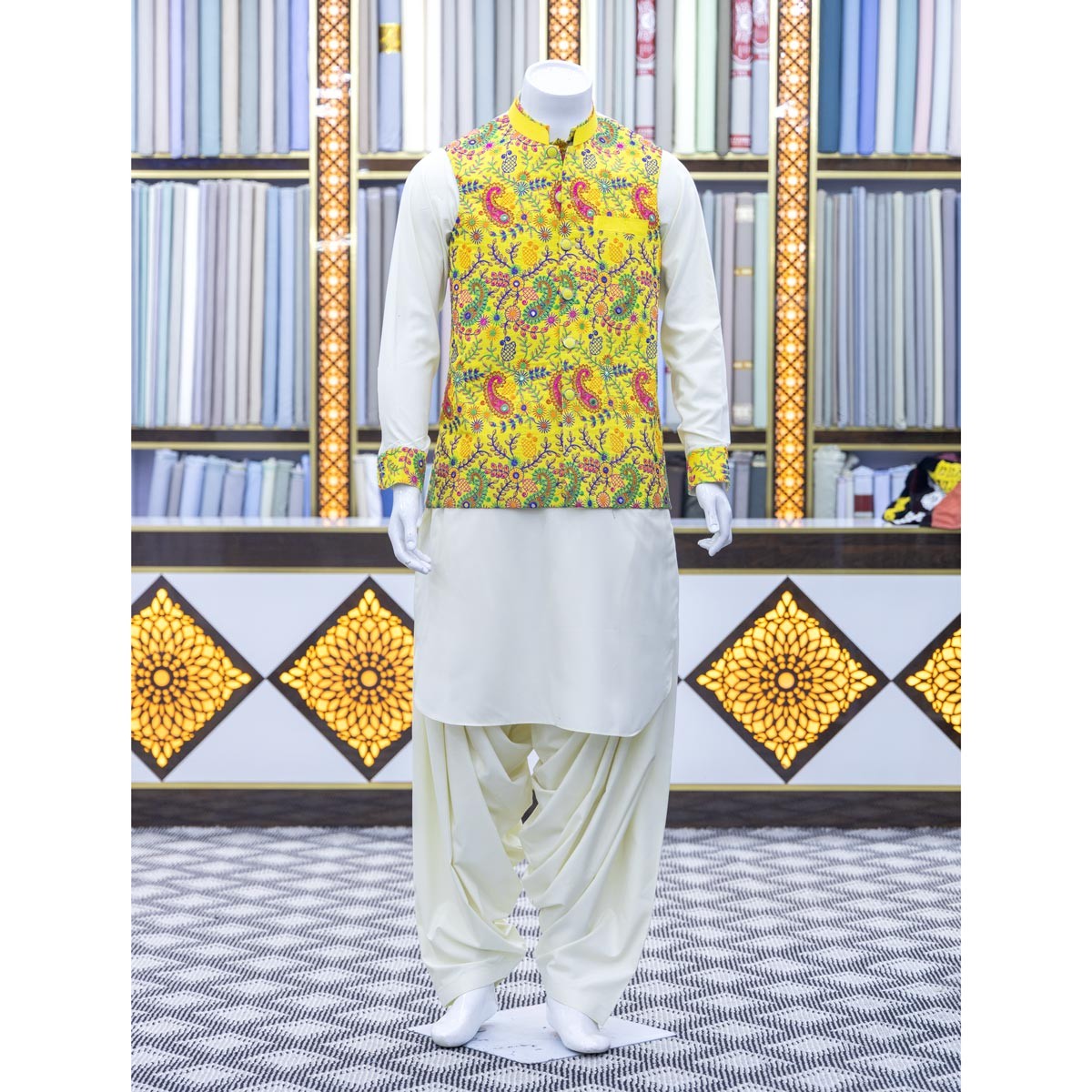 Yellow Banarasi Full Floral Embroidered Men's Waistcoat with White Grace Outfit 2