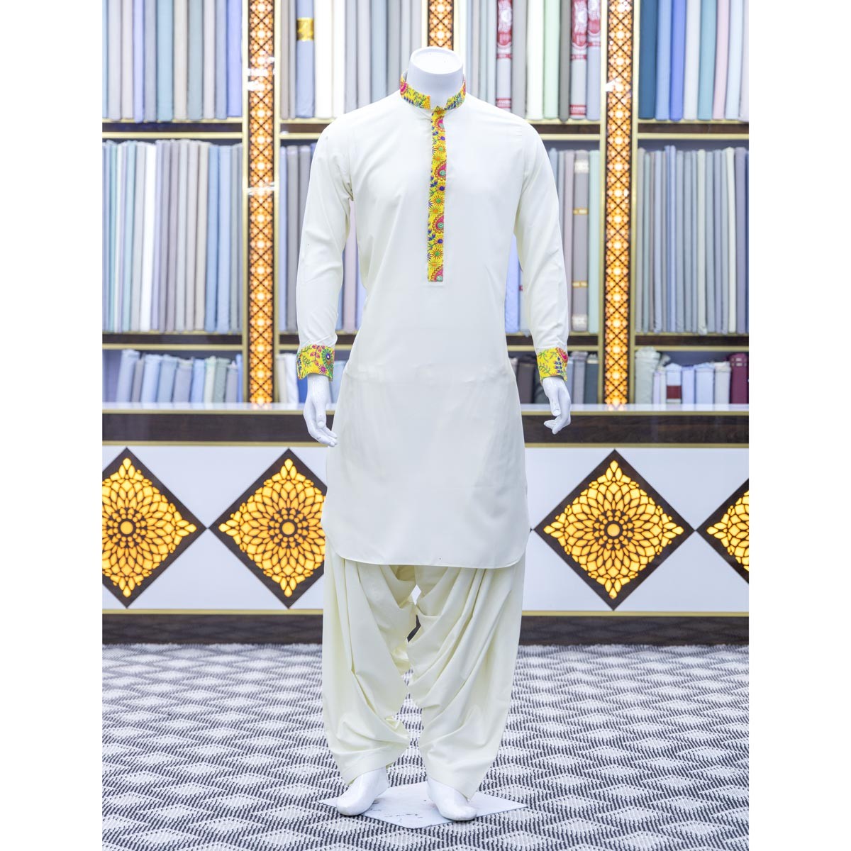 Yellow Banarasi Full Floral Embroidered Men's Waistcoat with White Grace Outfit 3