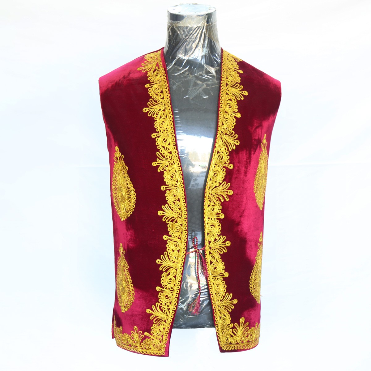 Red Cherma Embroidered Waistcoat | Velvet Party-wear Men's Vest 1