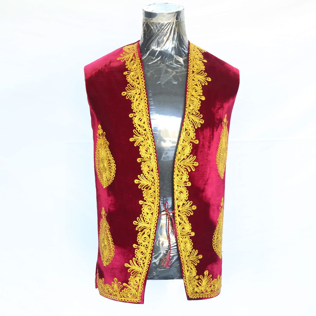 Red Cherma Embroidered Waistcoat | Velvet Party-wear Men's Vest 3