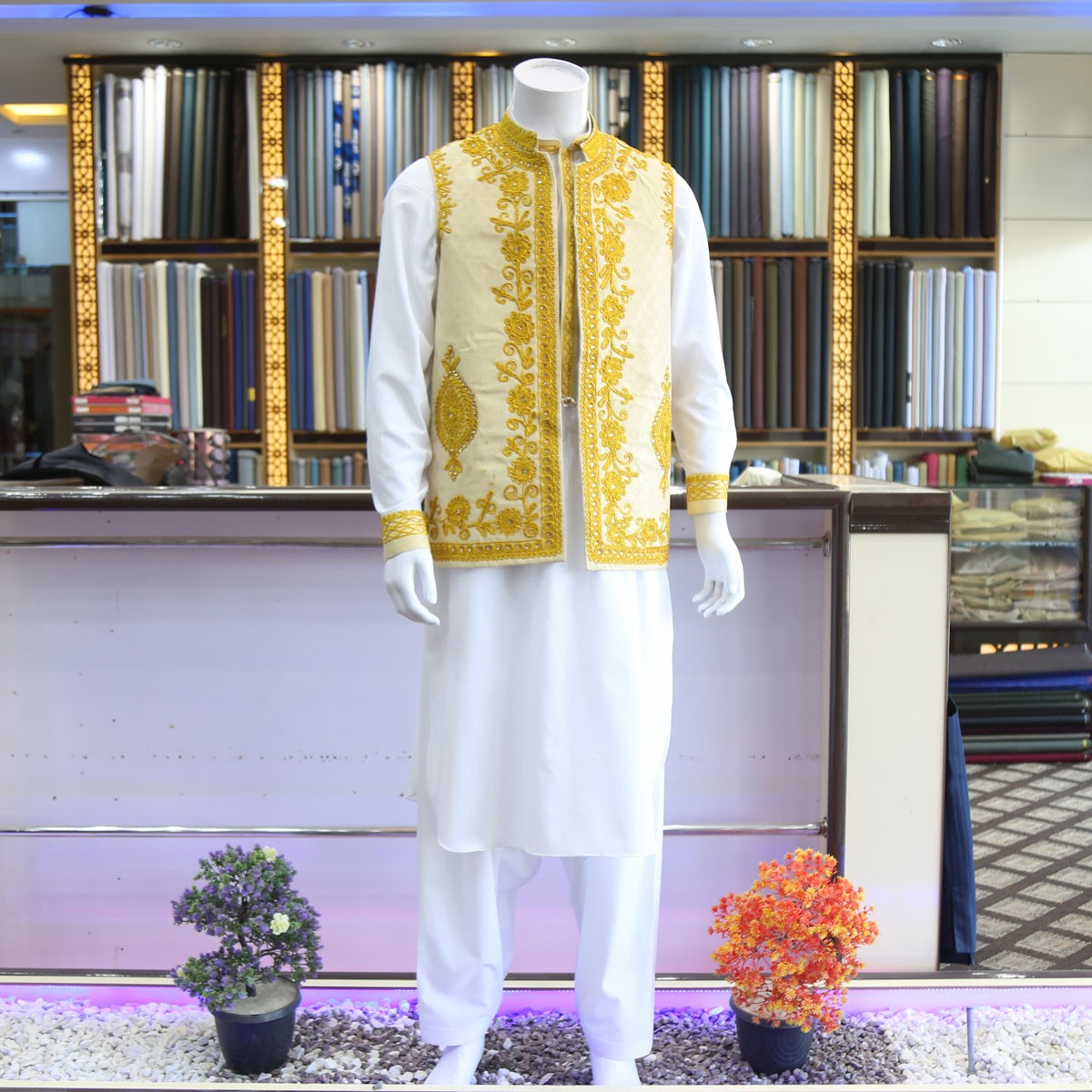 Afghan Men Dress Golden Cherma Embroidered Waistcoat Full Set 1