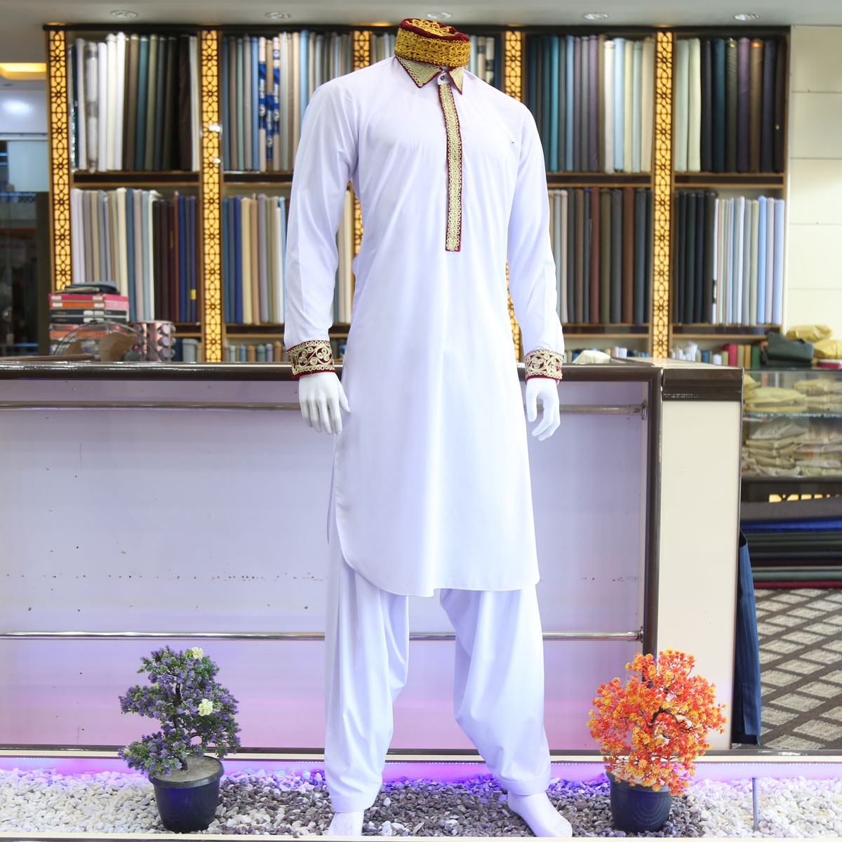 White Men's Casual Wear Attire | Hand Embroidered Collared Outfit 1