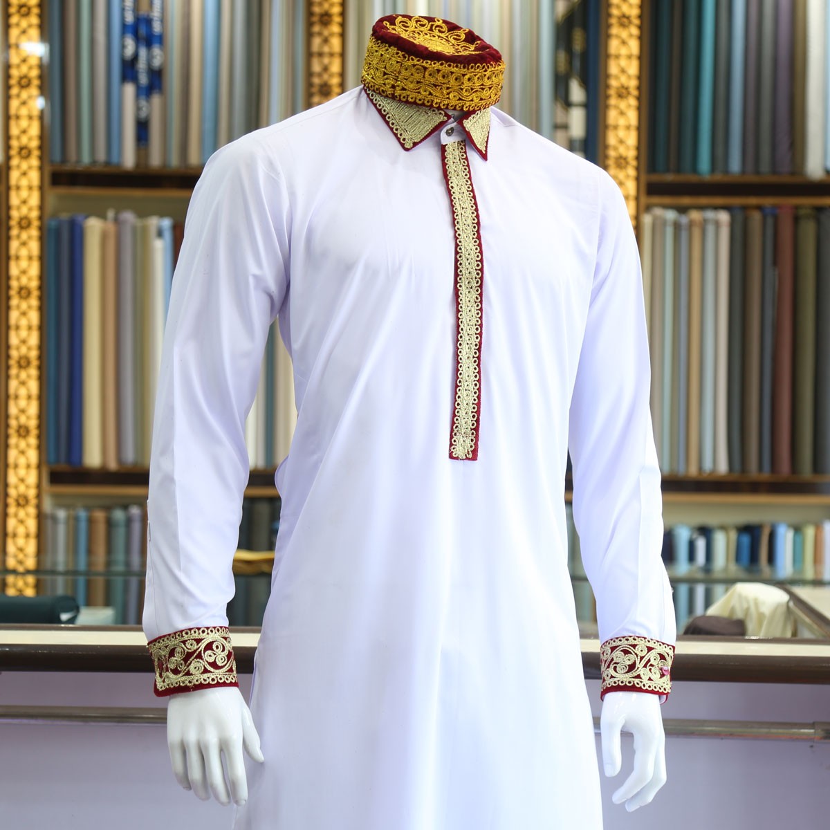 White Men's Casual Wear Attire | Hand Embroidered Collared Outfit 2