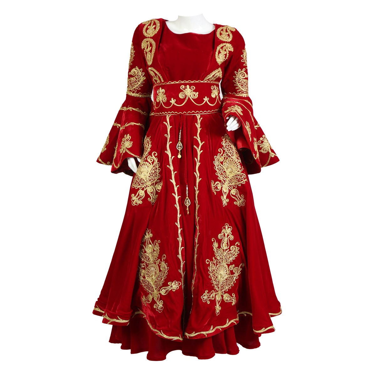 Red Velvet Cherma Embroidered Frock | Bell Sleeve Bridal Gown 1