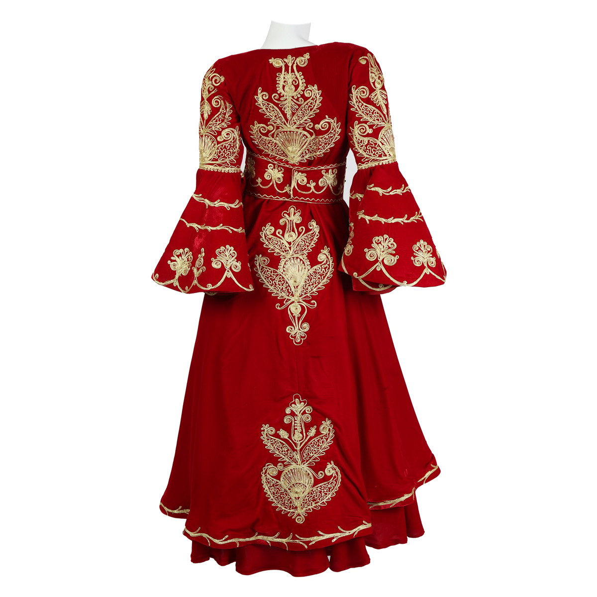 Red Velvet Cherma Embroidered Frock | Bell Sleeve Bridal Gown 2