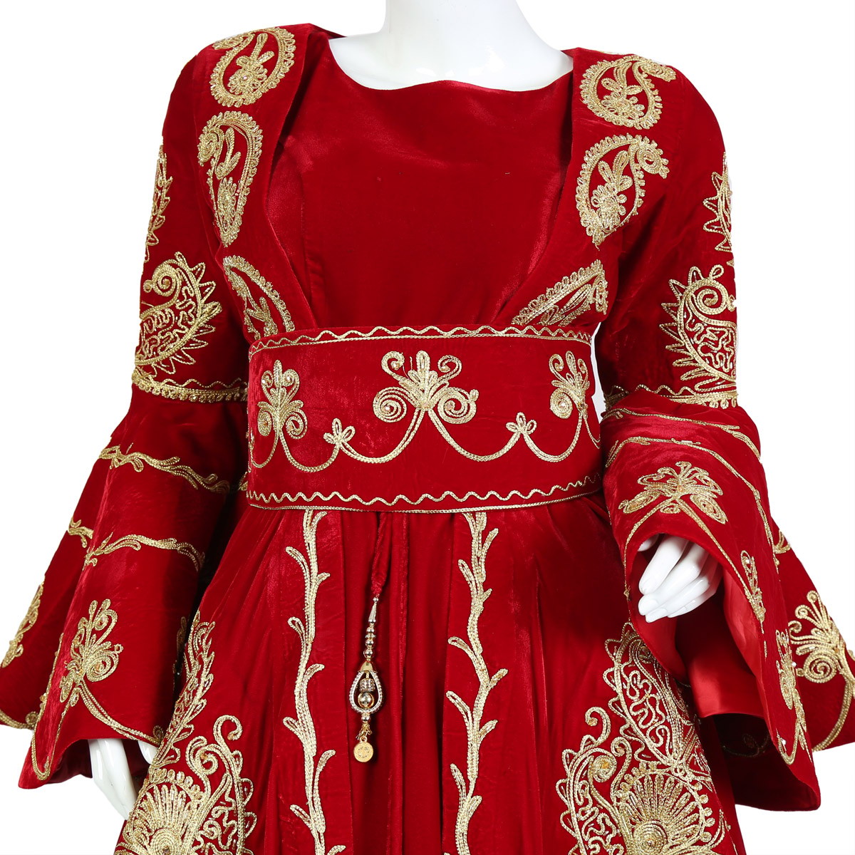 Red Velvet Cherma Embroidered Frock | Bell Sleeve Bridal Gown 3