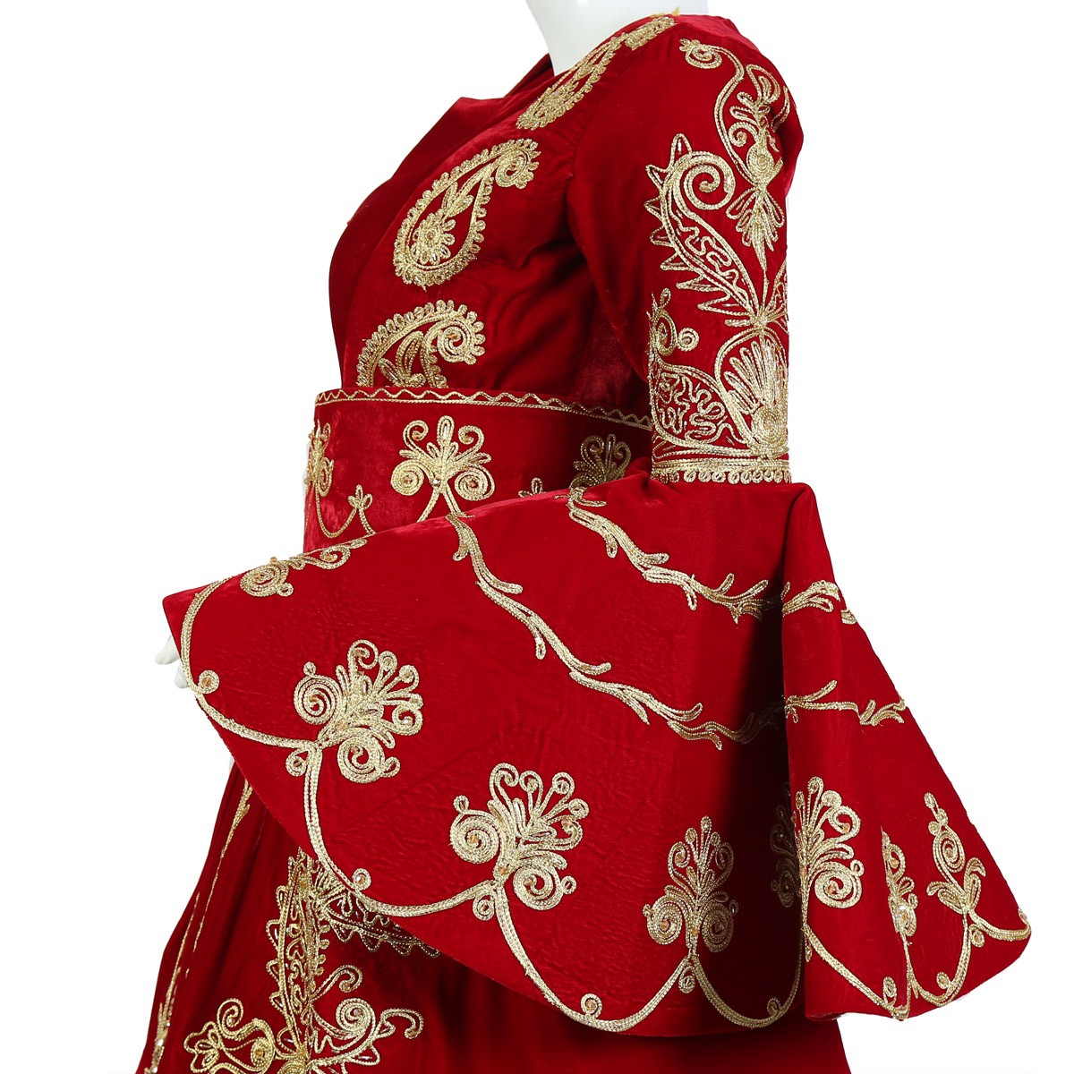 Red Velvet Cherma Embroidered Frock | Bell Sleeve Bridal Gown 4