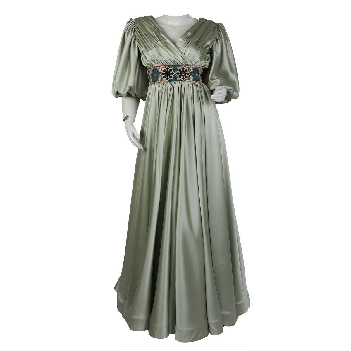 Pistachio V-Neck Pleated Maxi | Puff Sleeve Comfort Belt Maxi 1