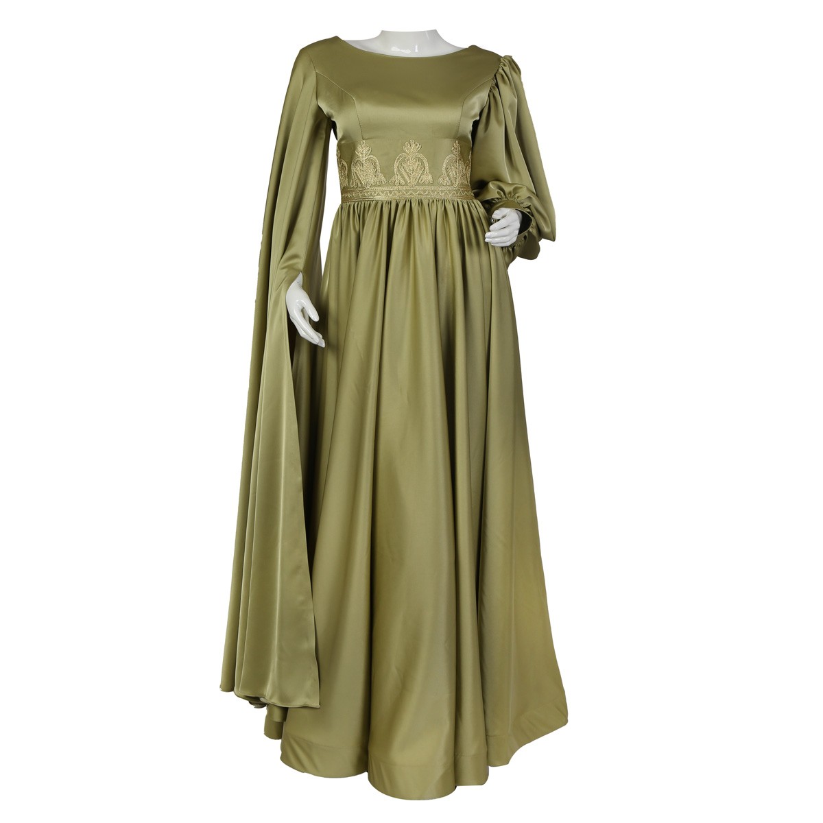 Sage Green Slit Sleeve Pleated Maxi | Silk Satin Embroidered Dress 1