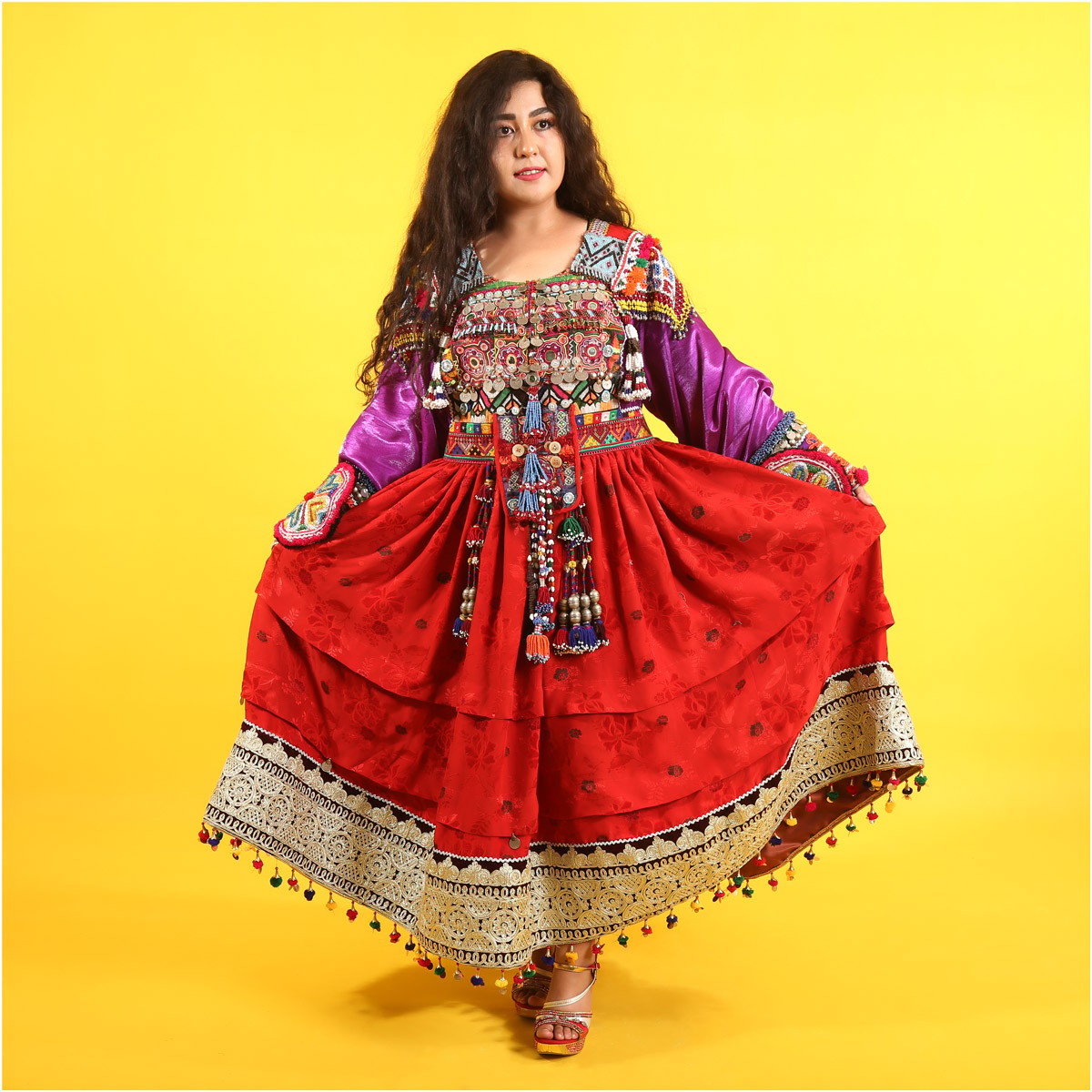 Red Velvet Balochi Embroidered Gand Afghani Dress 2